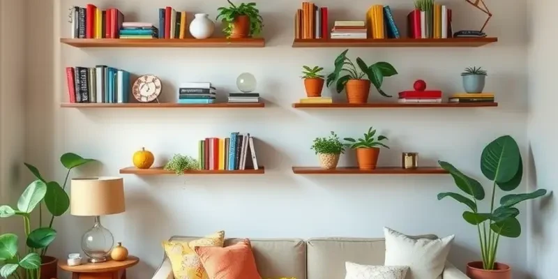 A decorated rental living room featuring multiple creative book storage solutions.
