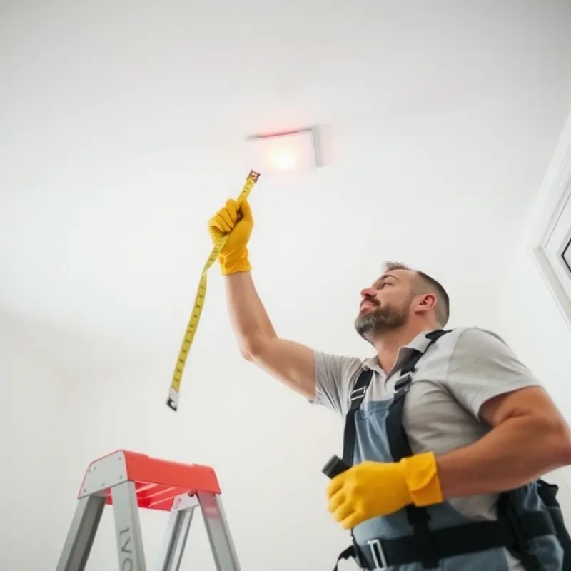 A renter actively checking their ceiling for safety issues, like leaks and cracks.