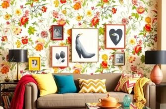 A vibrant apartment filled with renter-friendly wall decor including wallpaper and a gallery wall.