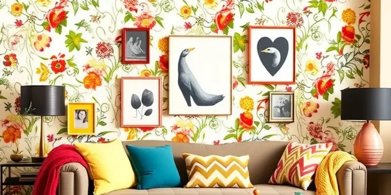 A vibrant apartment filled with renter-friendly wall decor including wallpaper and a gallery wall.