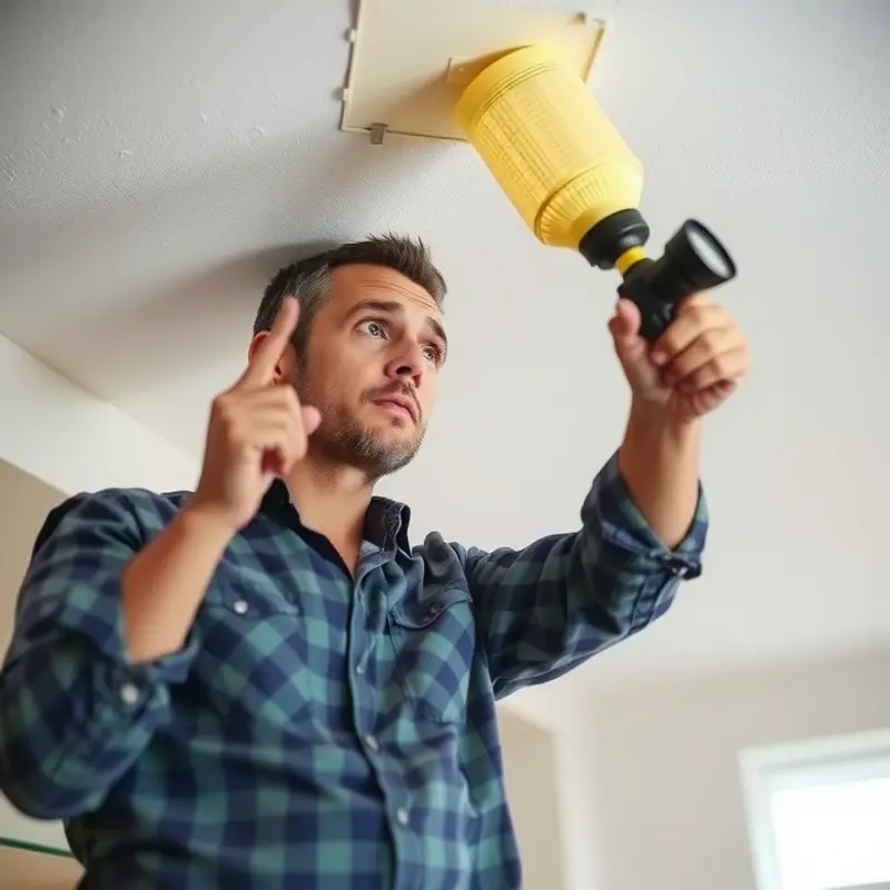 A renter actively checking their ceiling for safety issues, like leaks and cracks.