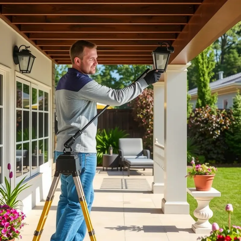 Diverse outdoor lighting options enhance security and ambiance on an apartment balcony.