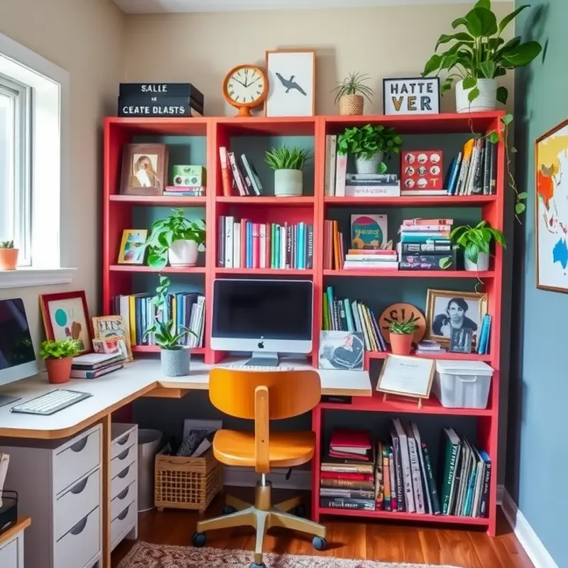 Chic floating shelves display decorative items and books.