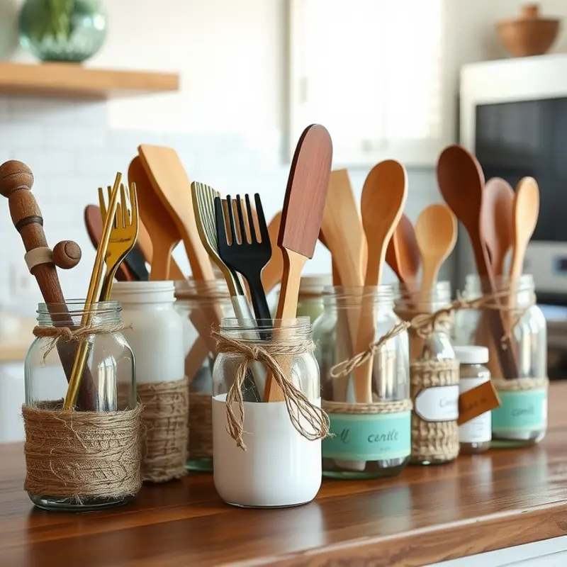 Vibrant terracotta pots as unique utensil holders add a splash of color to any kitchen.
