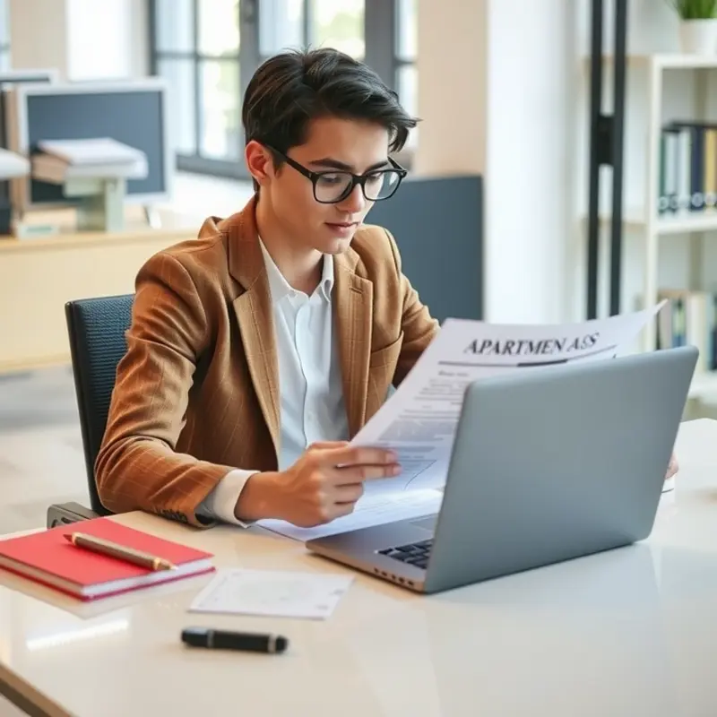 A young professional reviews their apartment lease agreement to ensure clarity on payment terms.