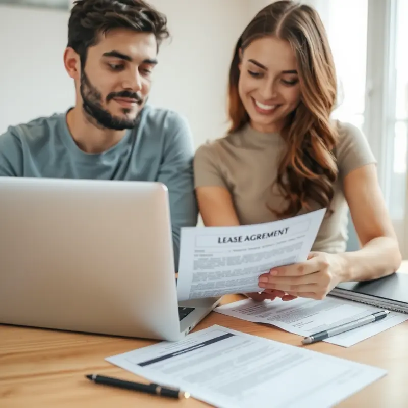 A young couple reviews their rental lease, focusing on key terms and conditions.