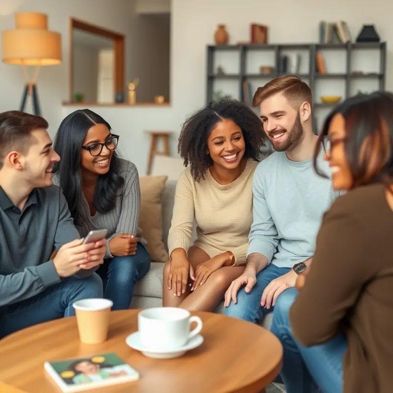 Young adults discussing roommate qualities in a cozy living room.