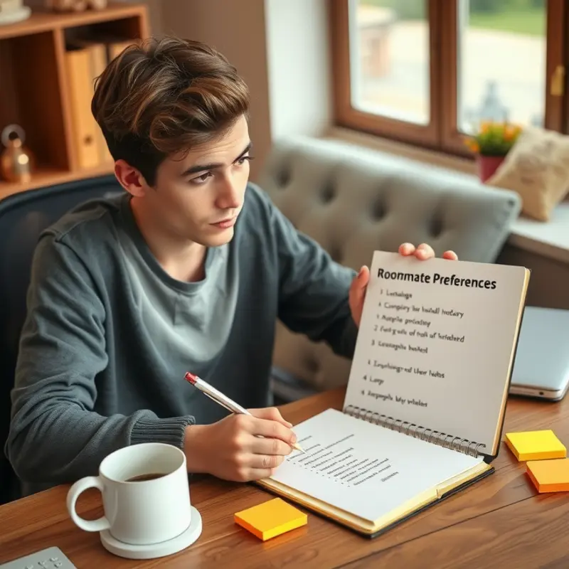 A young adult brainstorming their ideal roommate traits.