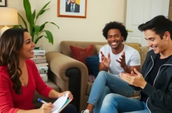 A group of roommates laughing and sharing snacks in their cozy living room.