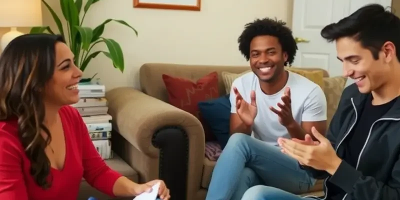A group of roommates laughing and sharing snacks in their cozy living room.