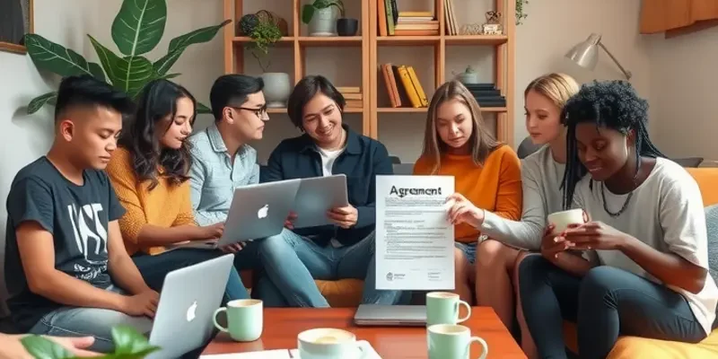 A diverse group of roommates collaborating in a stylish apartment.