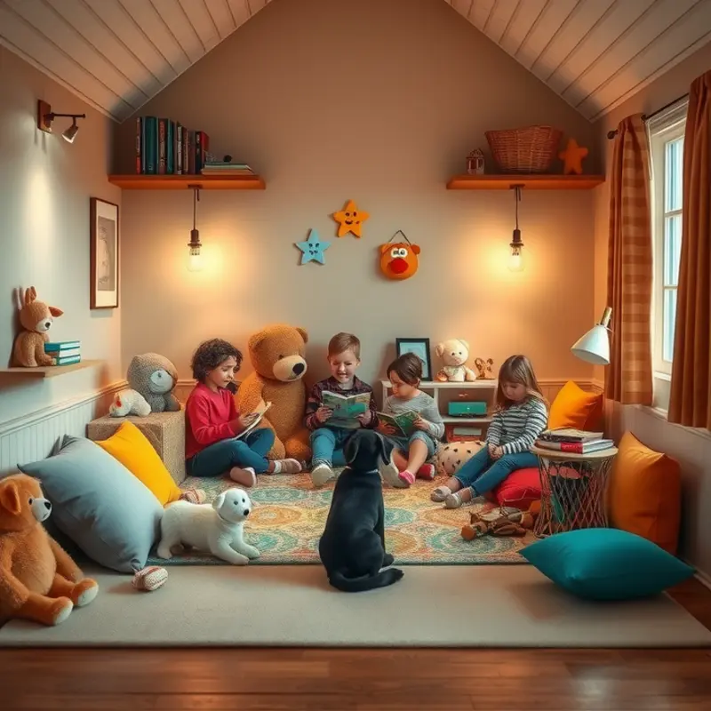 A bright and inviting reading nook perfect for kids and pets.
