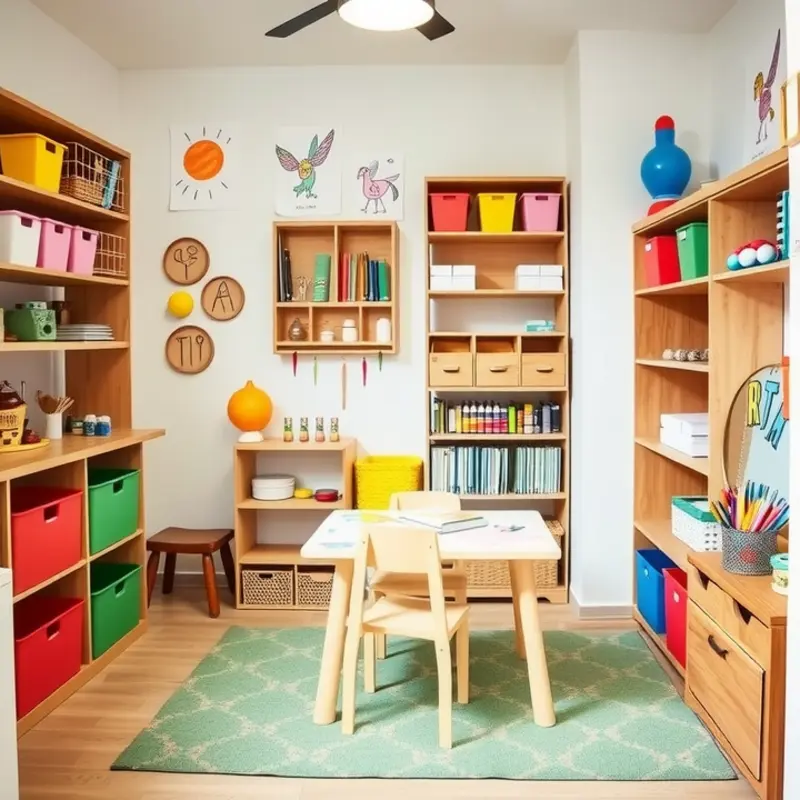A safe and colorful craft area designed for kids in an apartment.