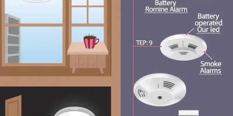 A cozy living room in a rental apartment with visible smoke alarms demonstrating a safe living space.