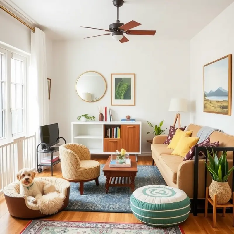 A warm family exploring a cozy apartment, while considering pet-friendly features.