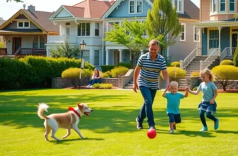 A vibrant neighborhood scene depicting families and pets enjoying a sunny day in a pet-friendly community.
