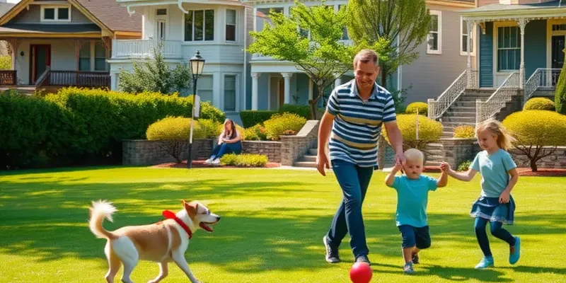 A vibrant neighborhood scene depicting families and pets enjoying a sunny day in a pet-friendly community.