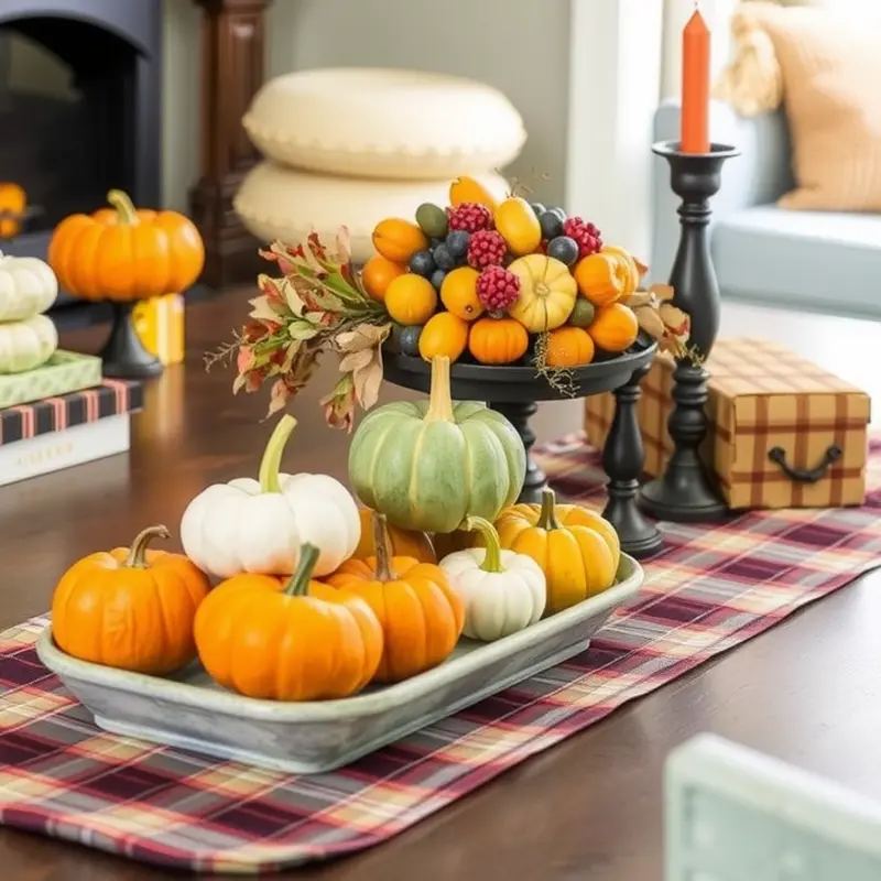 A cozy coffee table display demonstrating layered textures with books, candles, and fresh flowers.