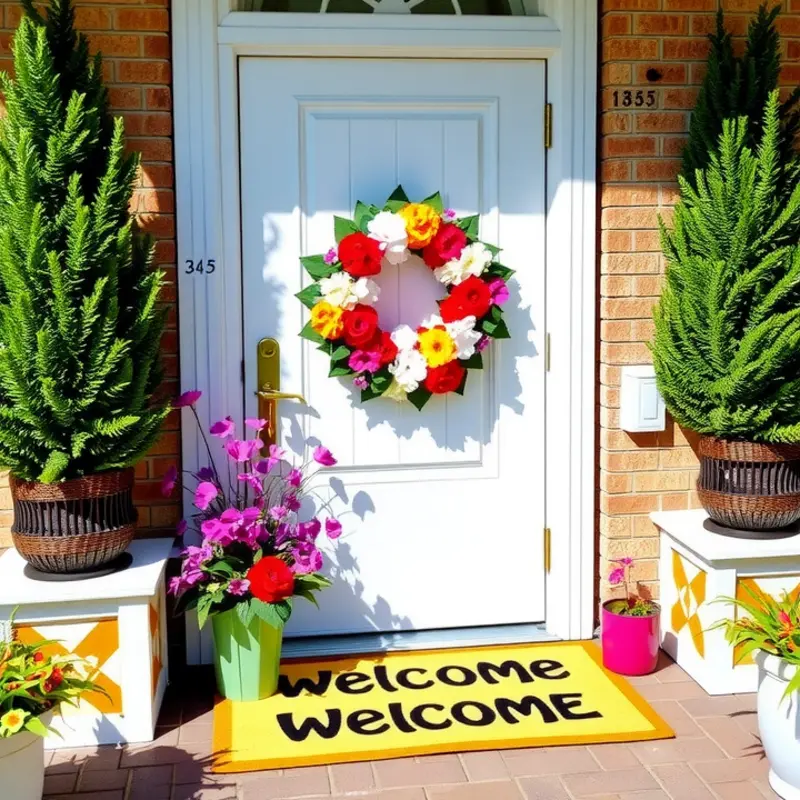 A beautifully decorated door showcasing seasonal wreaths and welcoming elements.