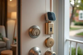 Close-up of a secure apartment door featuring various locking mechanisms and smart security technology.