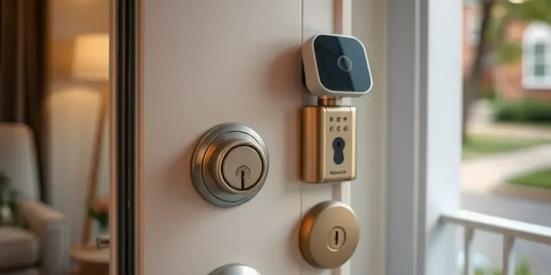 Close-up of a secure apartment door featuring various locking mechanisms and smart security technology.