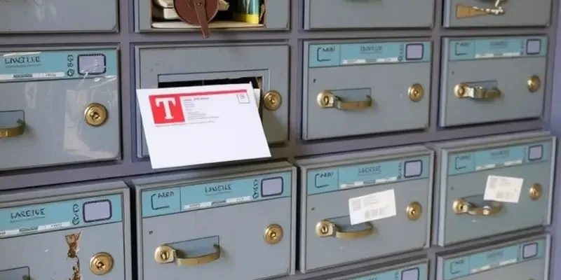Illustration of a secured mailbox area in an apartment complex.