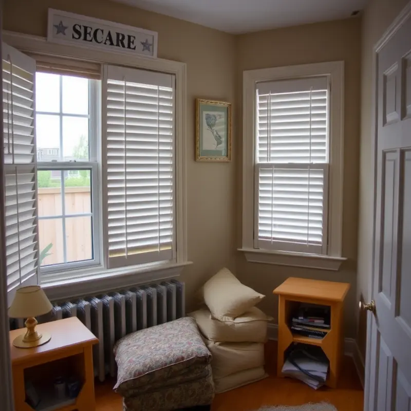 An apartment prepared for storms with secured windows and flood protection.
