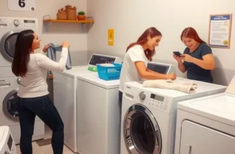 An organized laundry space in a rental apartment, showcasing serenity and efficiency.