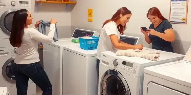 An organized laundry space in a rental apartment, showcasing serenity and efficiency.