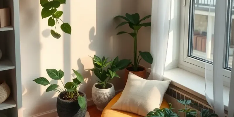 A tranquil apartment with a calming meditation space, soft lighting, and decor.