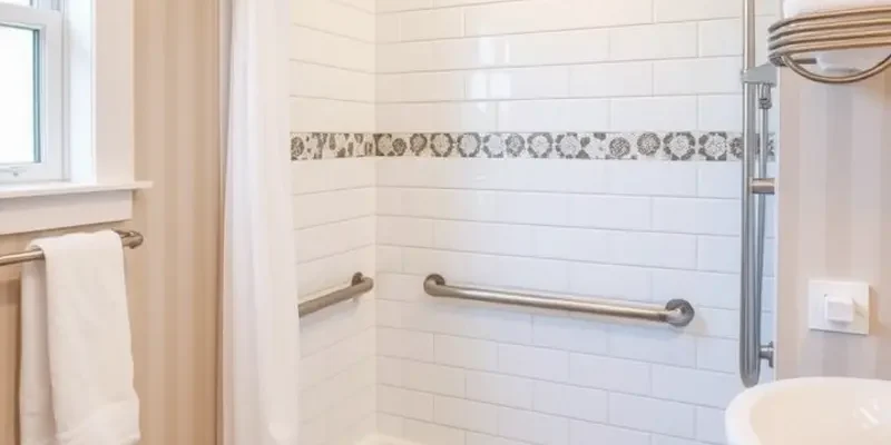 A peaceful shower area designed for safety with essential safety features and warm lighting.