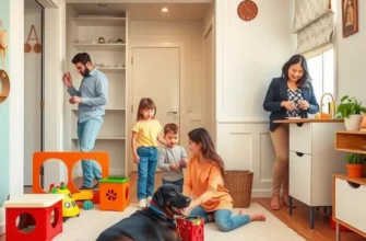 A family enjoying a quiet moment together in a beautifully decorated apartment with a pet.