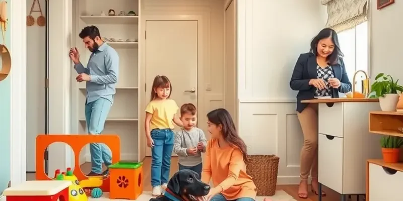 A family enjoying a quiet moment together in a beautifully decorated apartment with a pet.
