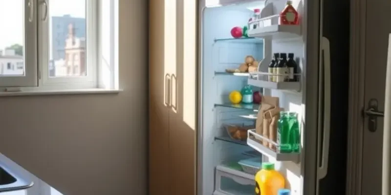 A serene kitchen with a sparkling clean refrigerator and fresh flowers.