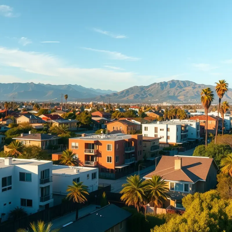 A picturesque view of Silver Lake showcasing a range of apartment styles against a vibrant urban landscape.