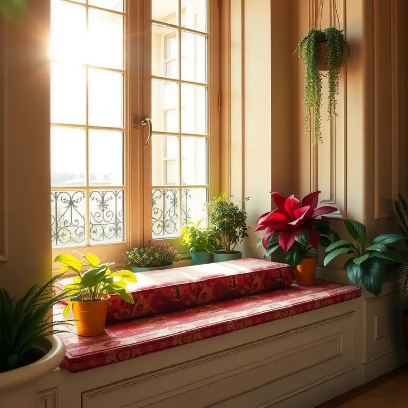 A cozy and colorful DIY cushion-top window seat basking in sunlight.