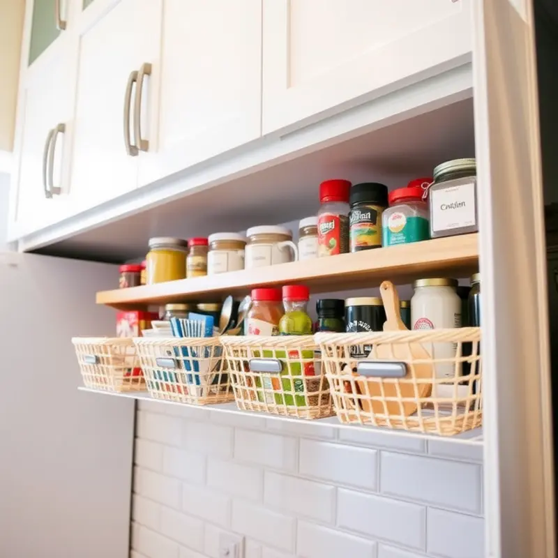 Under-shelf baskets neatly organizing kitchen essentials.