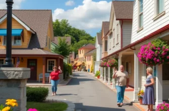 Families and individuals enjoying a day in a small-town park.