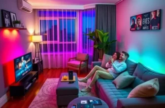 An inviting apartment featuring multiple smart home devices and a couple enjoying their comfortable living space.