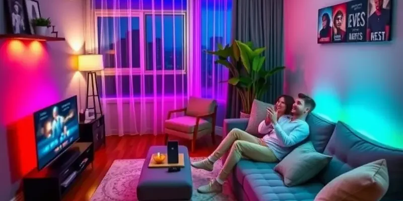 An inviting apartment featuring multiple smart home devices and a couple enjoying their comfortable living space.