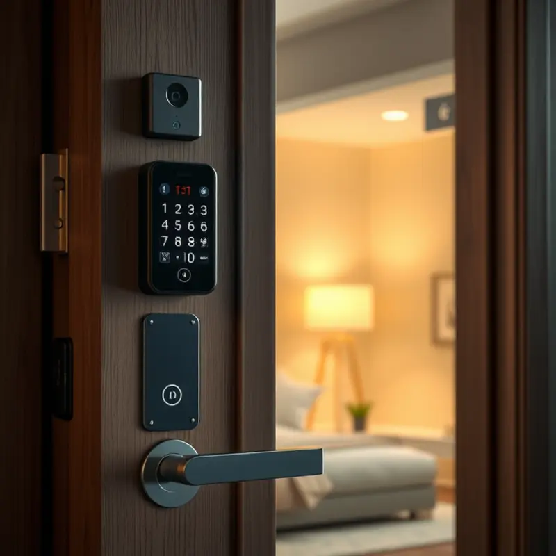 Enhanced apartment door security features including a deadbolt, a smart lock, and door viewer.