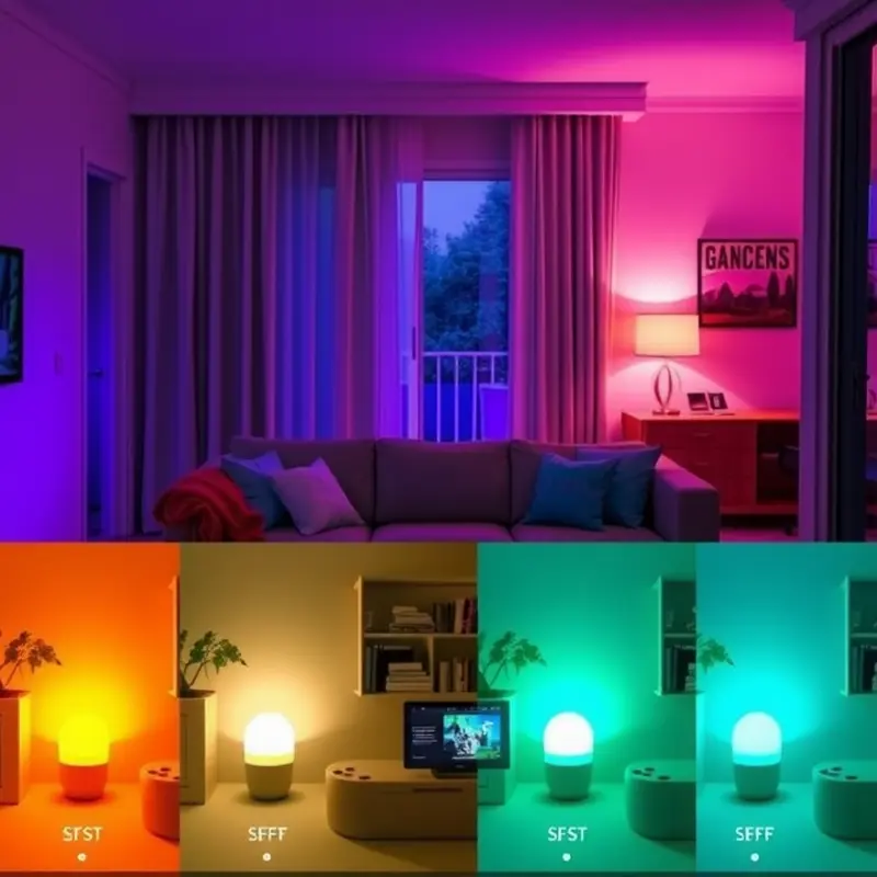 A vibrant living room featuring smart lighting options perfect for cozy movie nights.
