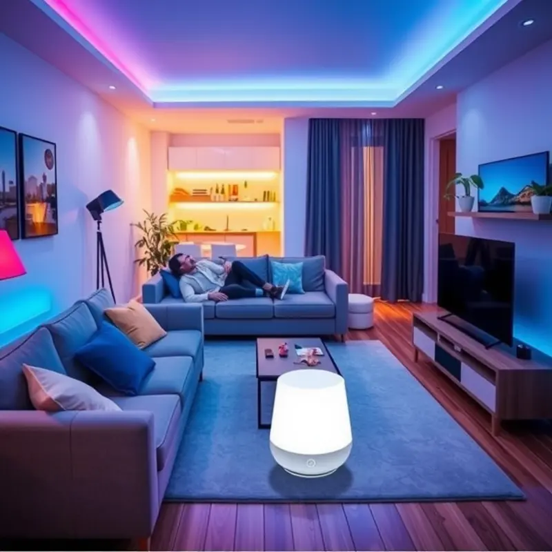 A vibrant living room with smart lighting that adapts to the mood.