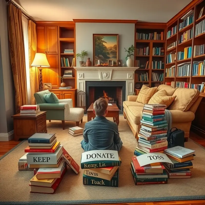 A sorting session in a cozy living room featuring piles of books.