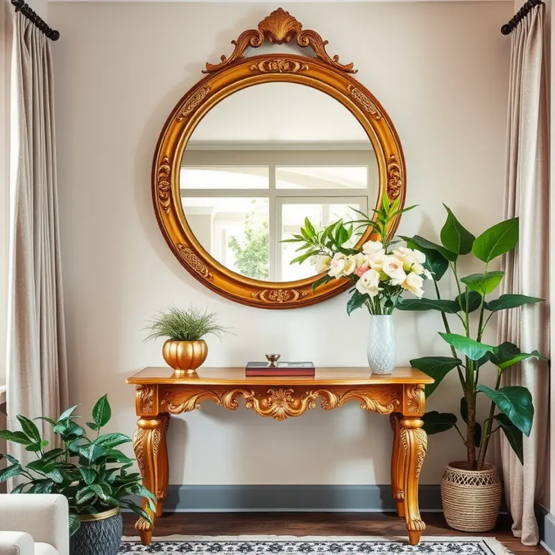 A statement mirror enhances the living space by serving as an eye-catching focal point.