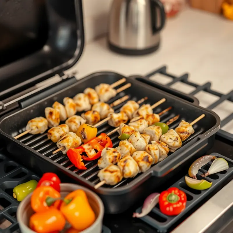 A vibrant urban balcony featuring a compact electric grill perfect for apartment grilling.