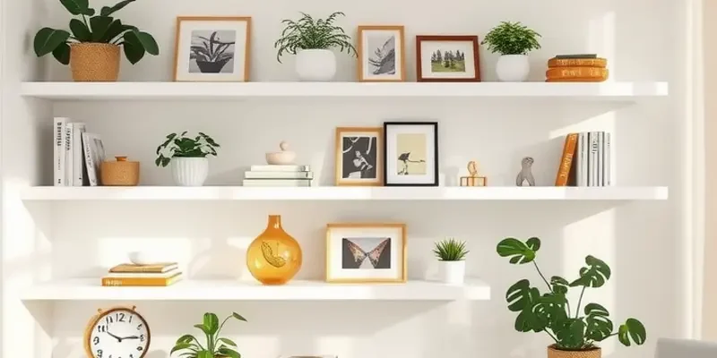 An inviting rental home with various DIY shelving options and personal decor.