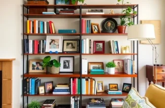 A well-decorated bookshelf in a stylish apartment, featuring plants, books, and personal touches.