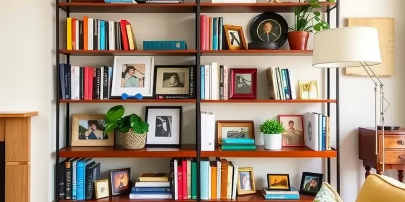 A well-decorated bookshelf in a stylish apartment, featuring plants, books, and personal touches.