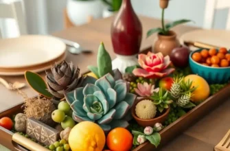 A cozy and stylish apartment tabletop featuring decor items and plants.